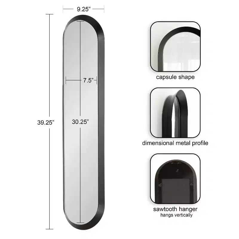 Miroir mural rectangulaire fin à cadre métallique (10"x40") - Noir satiné