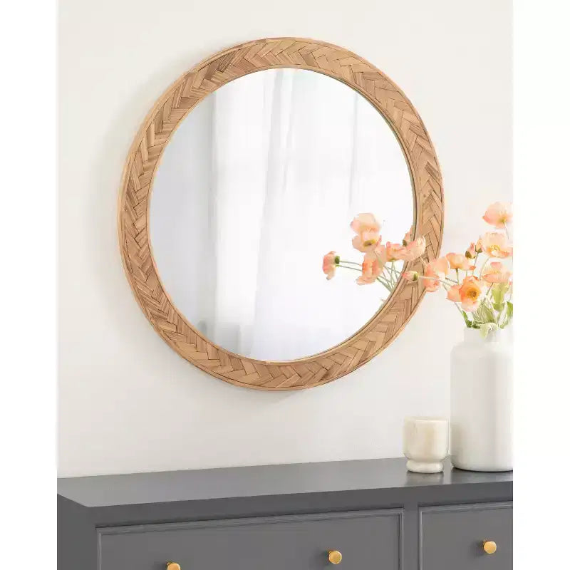 Miroir Rond Côtier Braywood 24" - Cadre en Bois Chevron Tressé, Marron