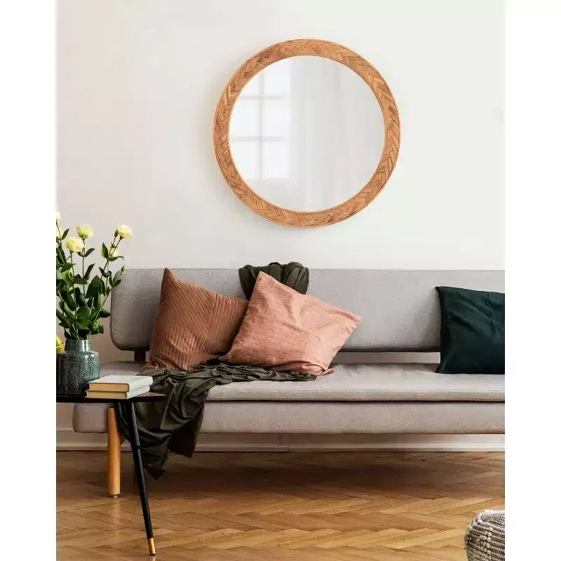 Miroir Rond Côtier Braywood 24" - Cadre en Bois Chevron Tressé, Marron