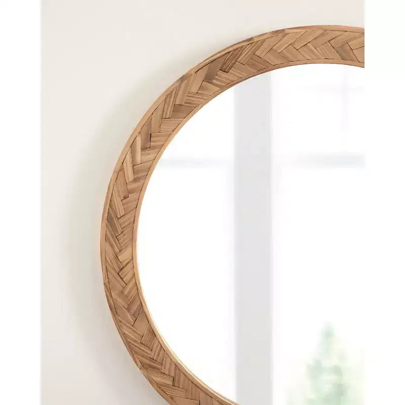 Miroir Rond Côtier Braywood 24" - Cadre en Bois Chevron Tressé, Marron
