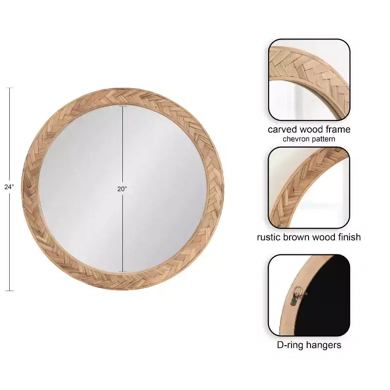 Miroir Rond Côtier Braywood 24" - Cadre en Bois Chevron Tressé, Marron