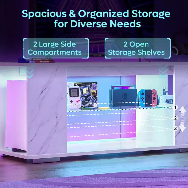 Meuble TV brillant de 119 cm avec lumières LED et étagères ouvertes – Convient aux téléviseurs jusqu'à 55 pouces
