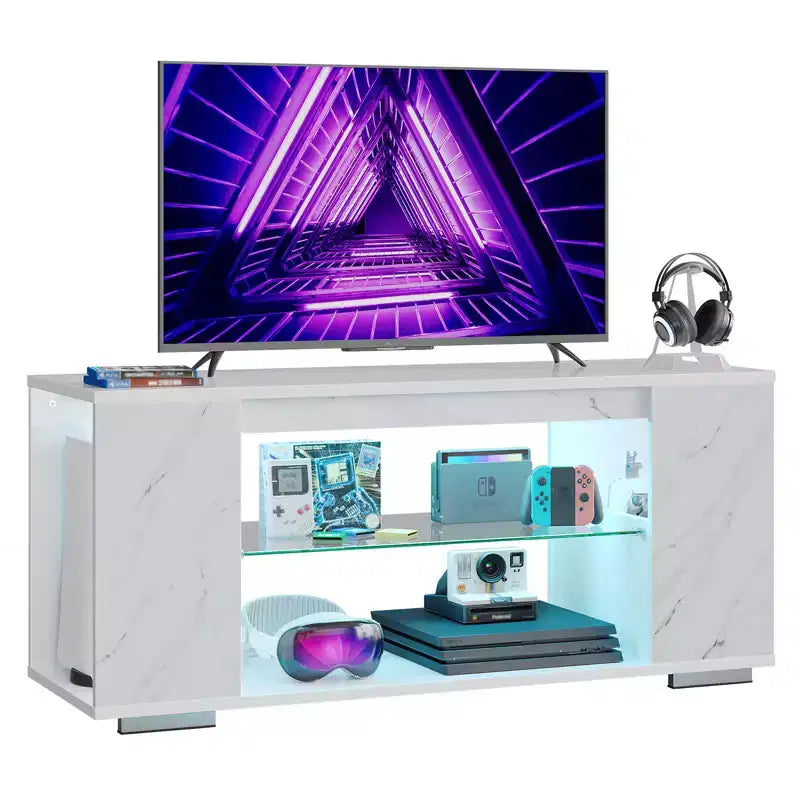 Meuble TV brillant de 119 cm avec lumières LED et étagères ouvertes – Convient aux téléviseurs jusqu'à 55 pouces