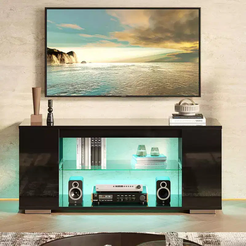 Meuble TV brillant de 119 cm avec lumières LED et étagères ouvertes – Convient aux téléviseurs jusqu'à 55 pouces