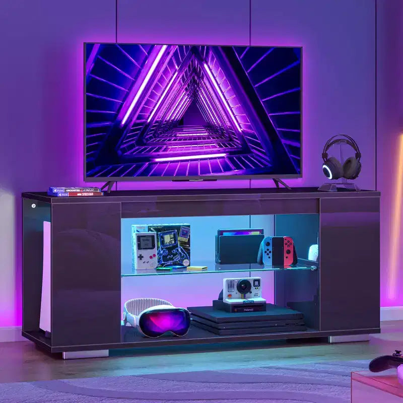 Meuble TV brillant de 119 cm avec lumières LED et étagères ouvertes – Convient aux téléviseurs jusqu'à 55 pouces