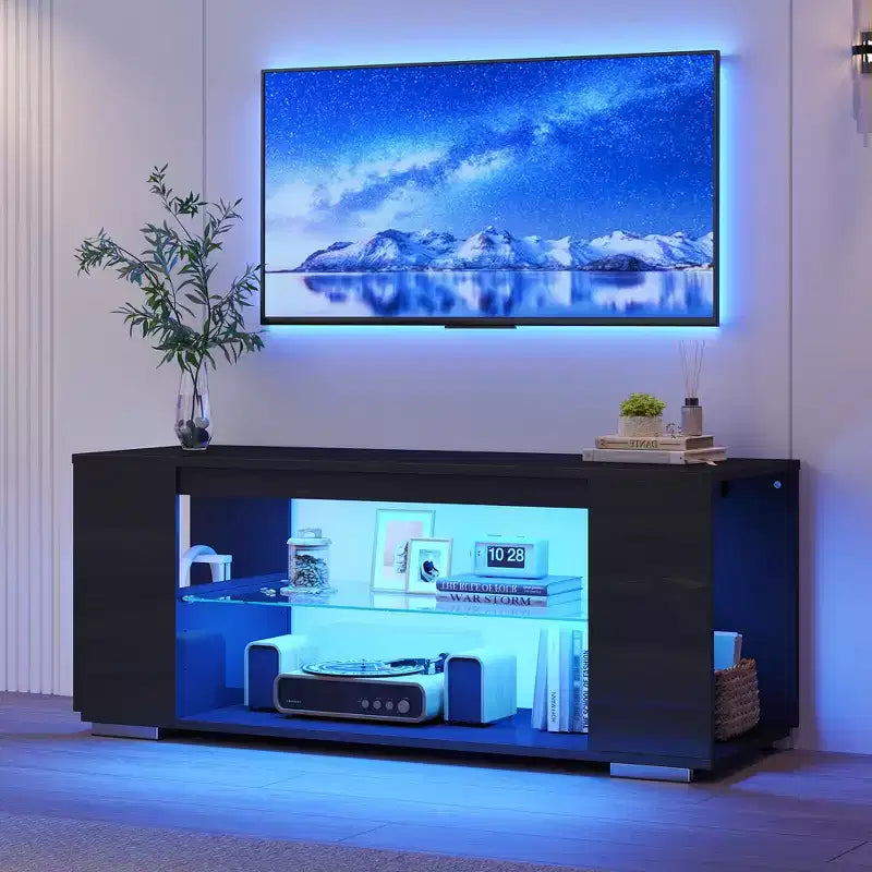 Meuble TV brillant de 119 cm avec lumières LED et étagères ouvertes – Convient aux téléviseurs jusqu'à 55 pouces