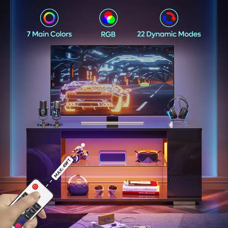 Meuble TV brillant de 119 cm avec lumières LED et étagères ouvertes – Convient aux téléviseurs jusqu'à 55 pouces