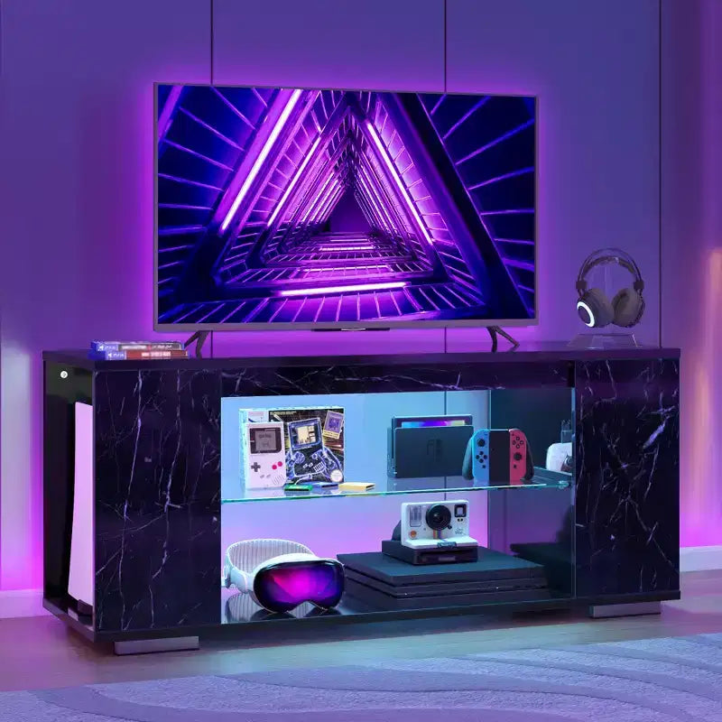Meuble TV brillant de 119 cm avec lumières LED et étagères ouvertes – Convient aux téléviseurs jusqu'à 55 pouces