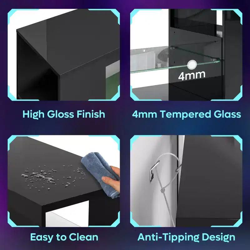 Meuble TV brillant de 119 cm avec lumières LED et étagères ouvertes – Convient aux téléviseurs jusqu'à 55 pouces