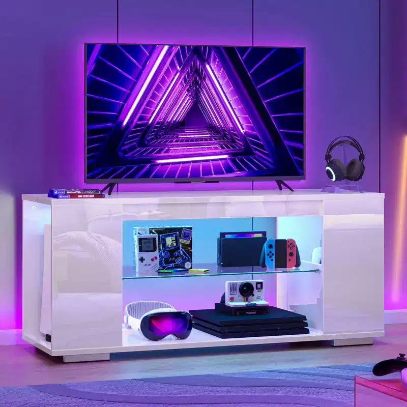 Meuble TV brillant de 119 cm avec lumières LED et étagères ouvertes – Convient aux téléviseurs jusqu'à 55 pouces