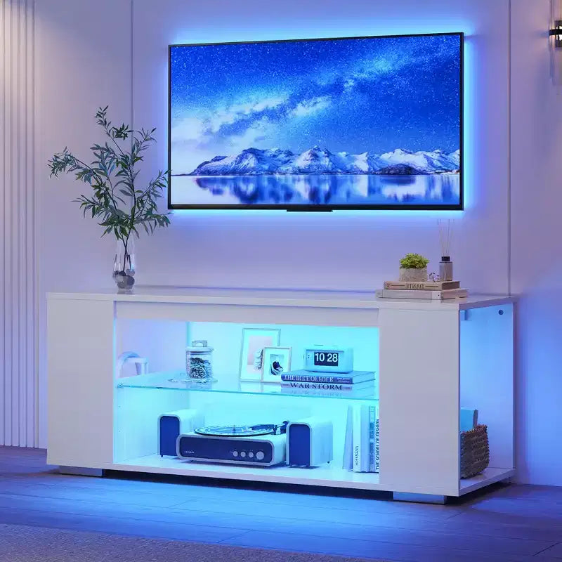Meuble TV brillant de 119 cm avec lumières LED et étagères ouvertes – Convient aux téléviseurs jusqu'à 55 pouces