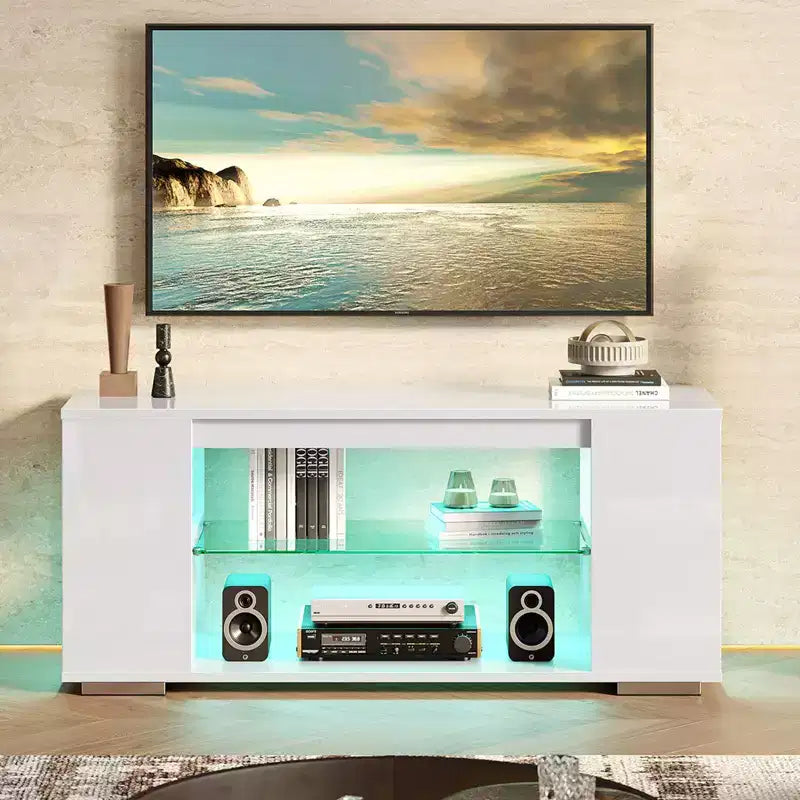 Meuble TV brillant de 119 cm avec lumières LED et étagères ouvertes – Convient aux téléviseurs jusqu'à 55 pouces