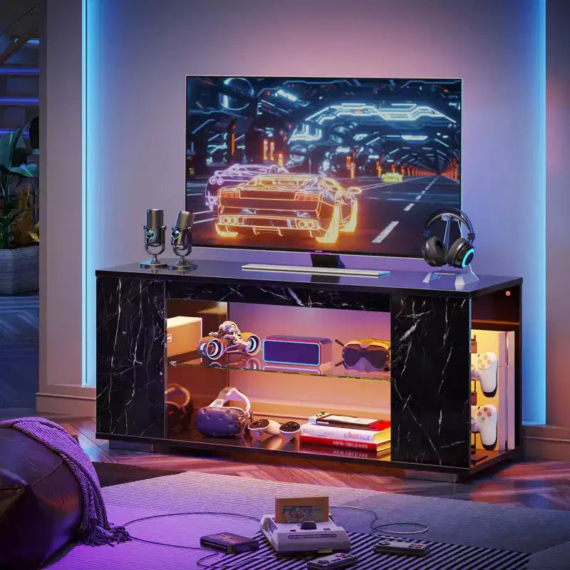Meuble TV brillant de 119 cm avec lumières LED et étagères ouvertes – Convient aux téléviseurs jusqu'à 55 pouces