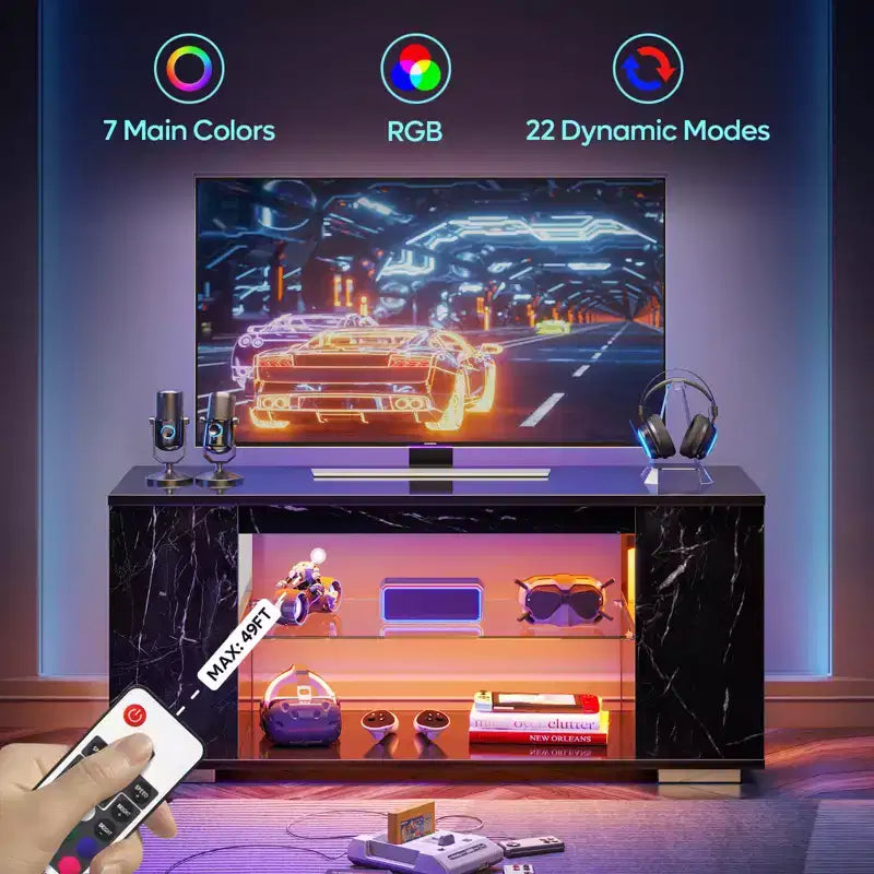 Meuble TV brillant de 119 cm avec lumières LED et étagères ouvertes – Convient aux téléviseurs jusqu'à 55 pouces