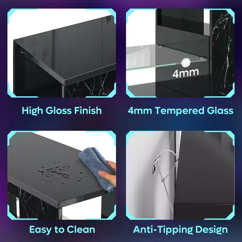 Meuble TV brillant de 119 cm avec lumières LED et étagères ouvertes – Convient aux téléviseurs jusqu'à 55 pouces