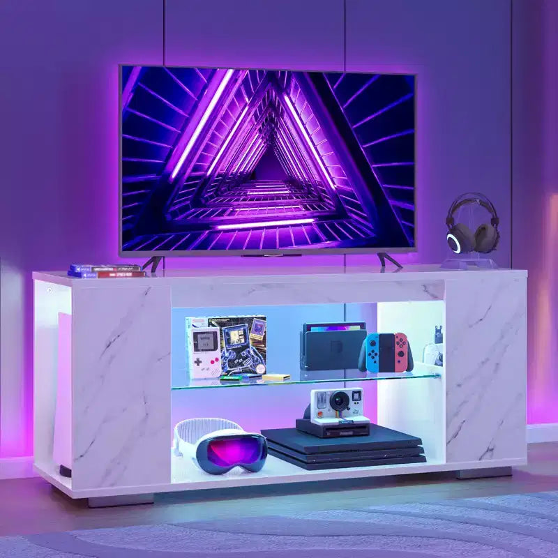 Meuble TV brillant de 119 cm avec lumières LED et étagères ouvertes – Convient aux téléviseurs jusqu'à 55 pouces