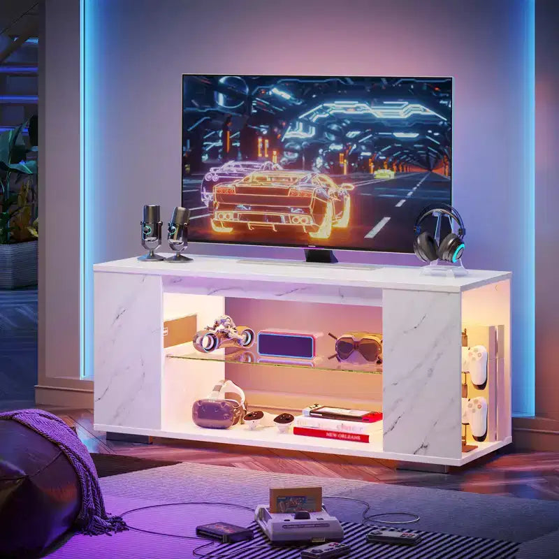 Meuble TV brillant de 119 cm avec lumières LED et étagères ouvertes – Convient aux téléviseurs jusqu'à 55 pouces