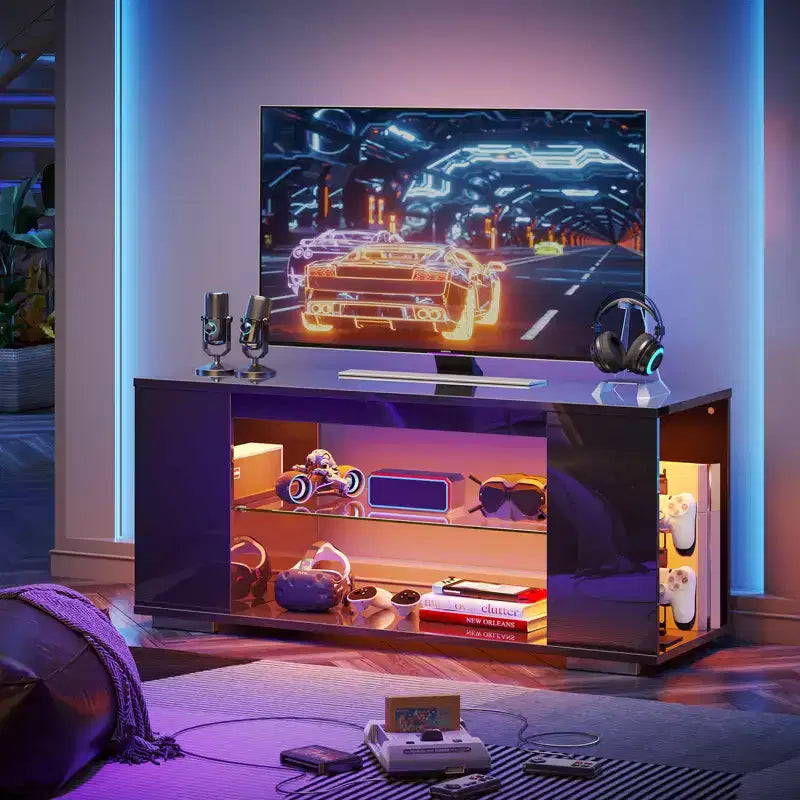 Meuble TV brillant de 119 cm avec lumières LED et étagères ouvertes – Convient aux téléviseurs jusqu'à 55 pouces