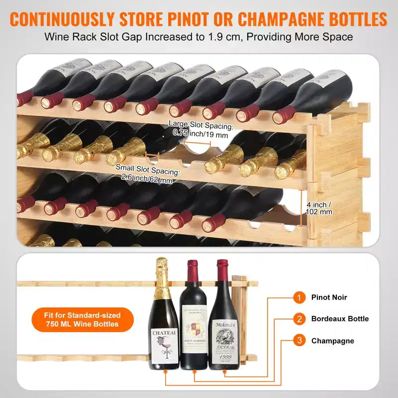 Range-bouteilles modulaire en bambou de 72 bouteilles - Présentoir autoportant à 8 niveaux