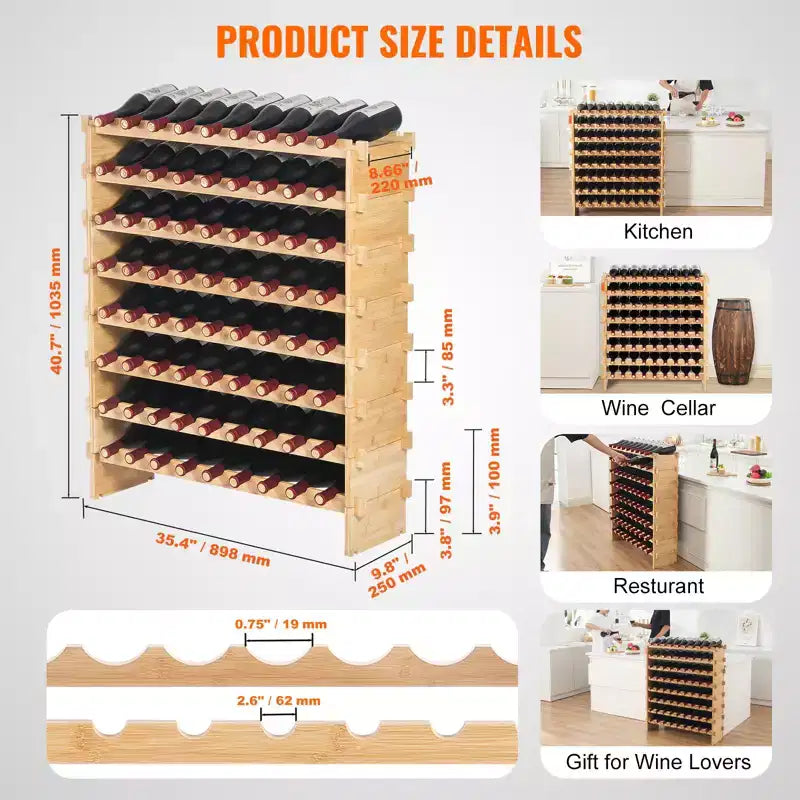Range-bouteilles modulaire en bambou de 72 bouteilles - Présentoir autoportant à 8 niveaux
