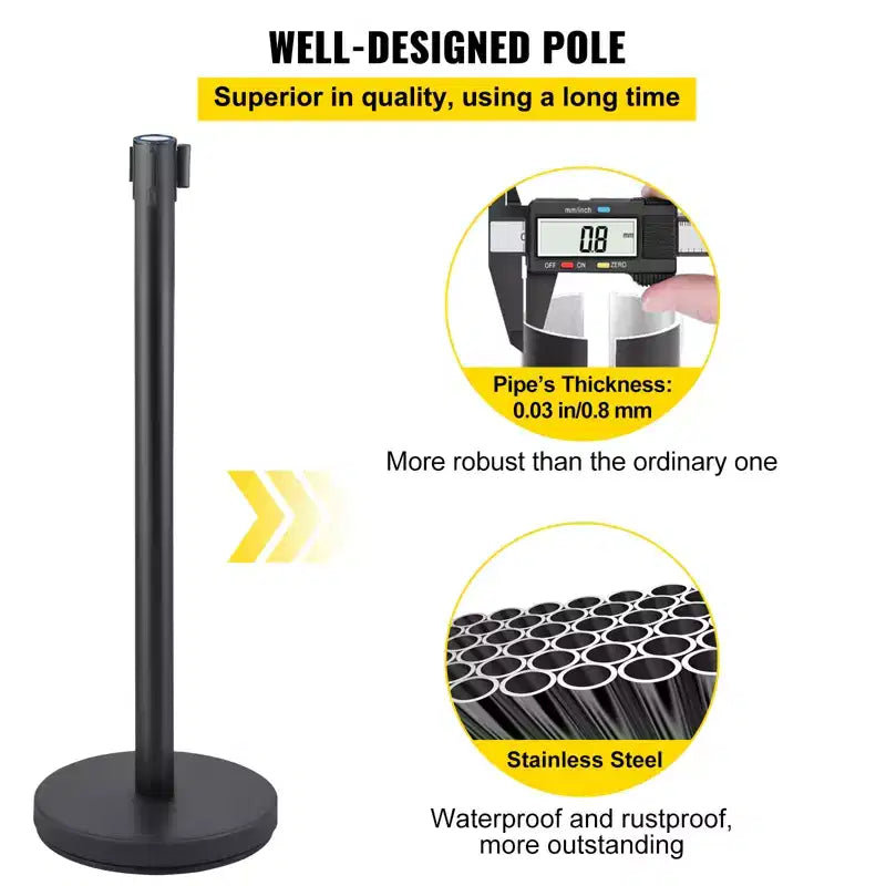 Poteaux de guidage de foule (lot de 6) avec 3 sangles rétractables – Acier inoxydable, noir