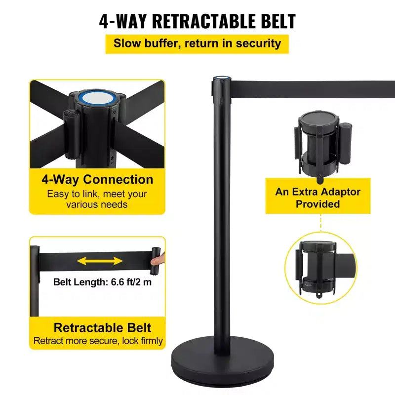 Poteaux de guidage de foule (lot de 6) avec 3 sangles rétractables – Acier inoxydable, noir