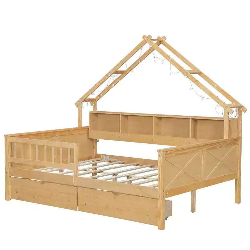 Lit plateforme pour enfant en forme de maison avec lumières LED et tiroirs de rangement