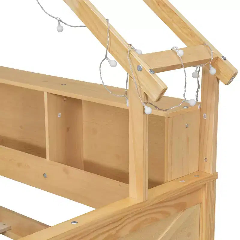 Lit plateforme pour enfant en forme de maison avec lumières LED et tiroirs de rangement