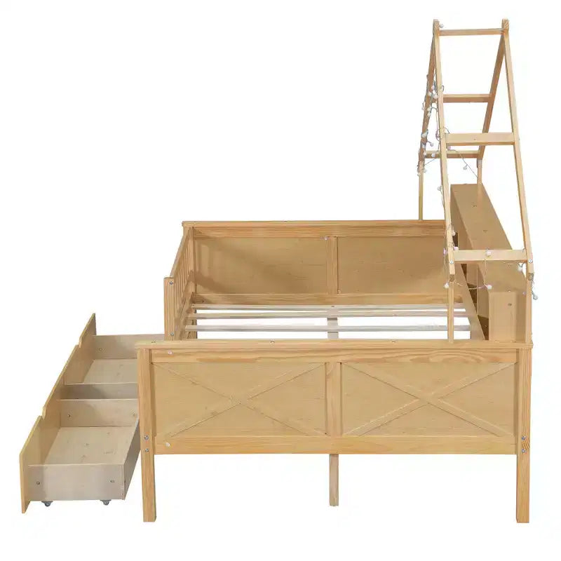 Lit plateforme pour enfant en forme de maison avec lumières LED et tiroirs de rangement