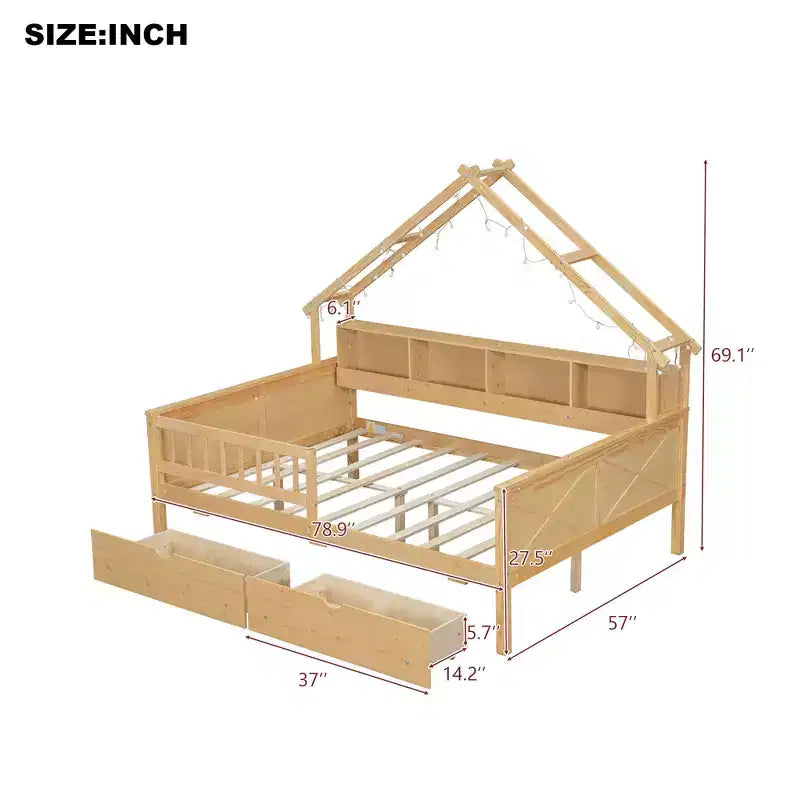 Lit plateforme pour enfant en forme de maison avec lumières LED et tiroirs de rangement