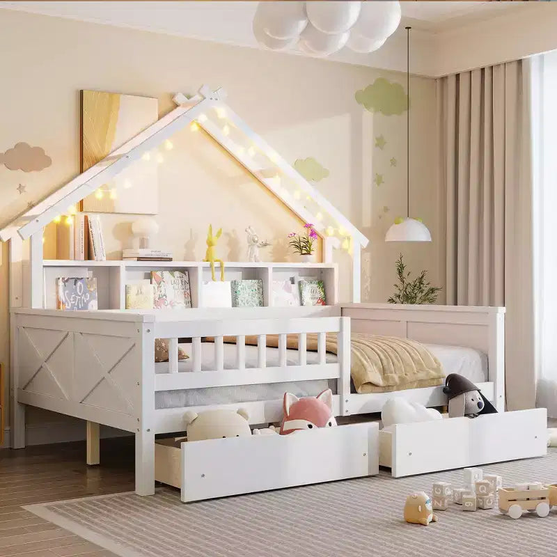 Lit plateforme pour enfant en forme de maison avec lumières LED et tiroirs de rangement