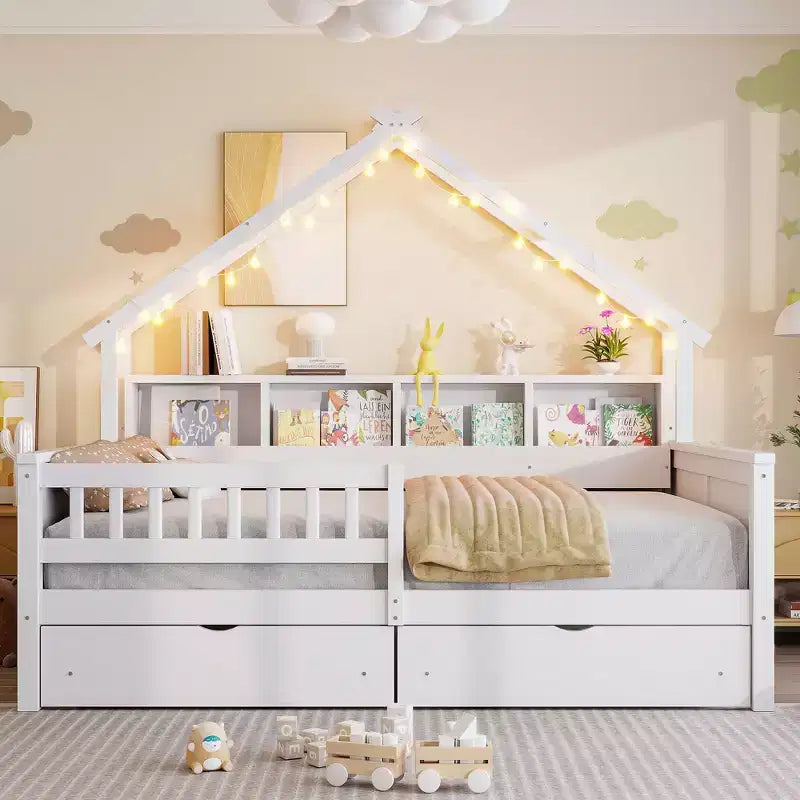Lit plateforme pour enfant en forme de maison avec lumières LED et tiroirs de rangement