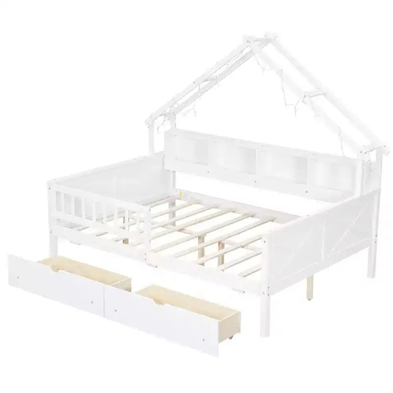 Lit plateforme pour enfant en forme de maison avec lumières LED et tiroirs de rangement