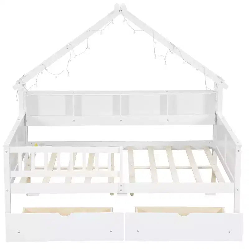 Lit plateforme pour enfant en forme de maison avec lumières LED et tiroirs de rangement