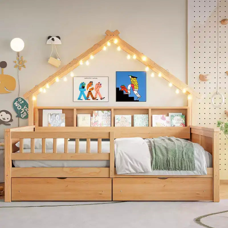 Lit plateforme pour enfant en forme de maison avec lumières LED et tiroirs de rangement