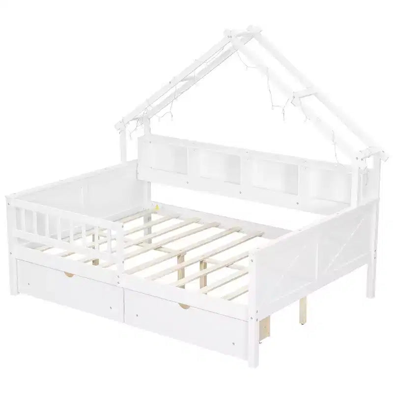 Lit plateforme pour enfant en forme de maison avec lumières LED et tiroirs de rangement