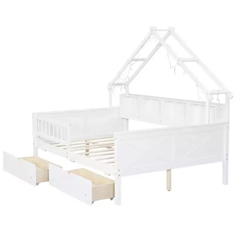 Lit plateforme pour enfant en forme de maison avec lumières LED et tiroirs de rangement