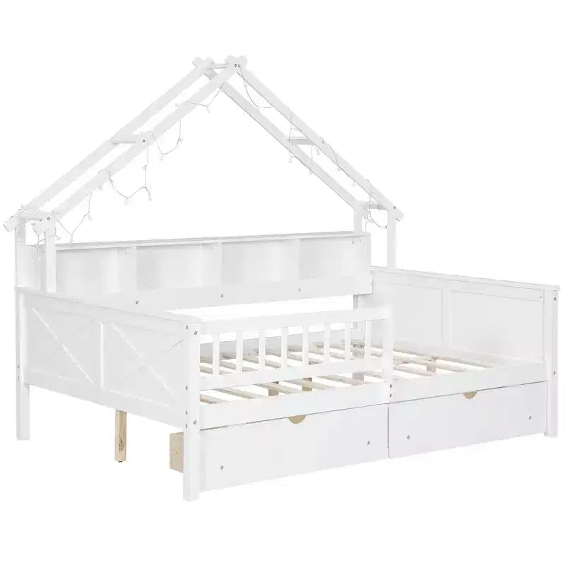 Lit plateforme pour enfant en forme de maison avec lumières LED et tiroirs de rangement