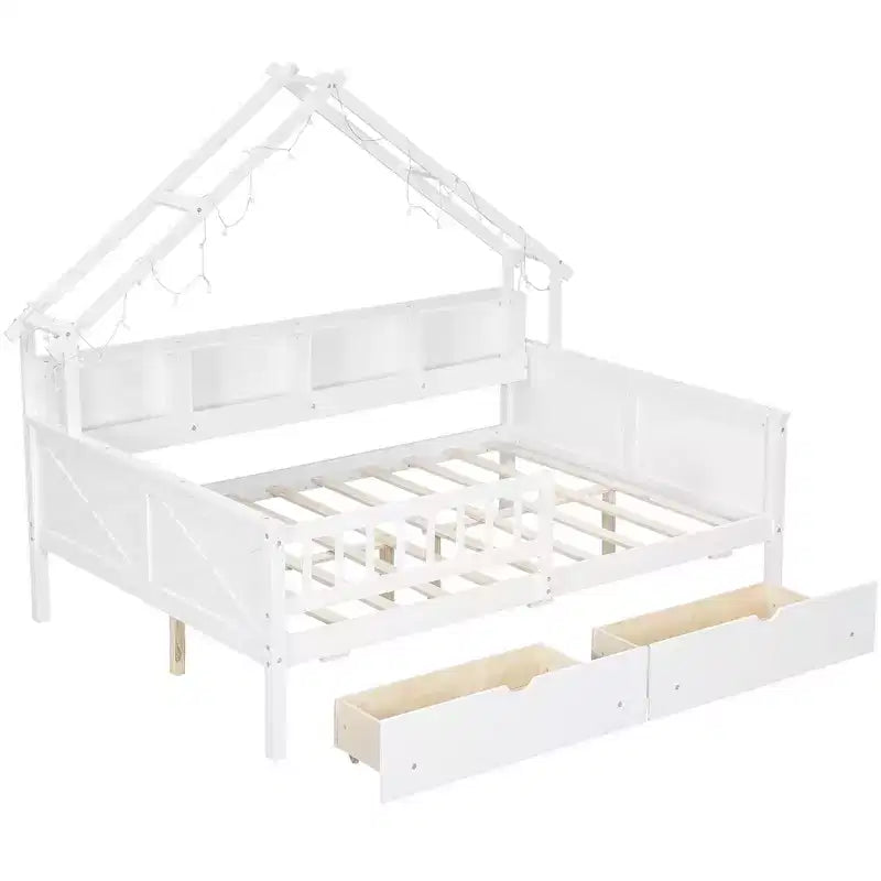 Lit plateforme pour enfant en forme de maison avec lumières LED et tiroirs de rangement