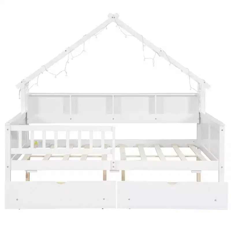 Lit plateforme pour enfant en forme de maison avec lumières LED et tiroirs de rangement