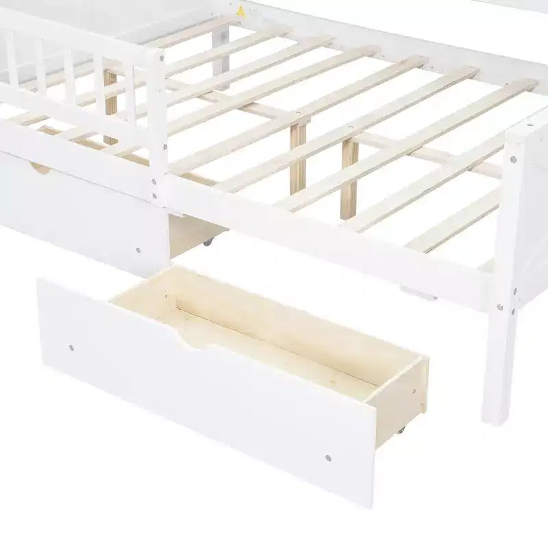 Lit plateforme pour enfant en forme de maison avec lumières LED et tiroirs de rangement