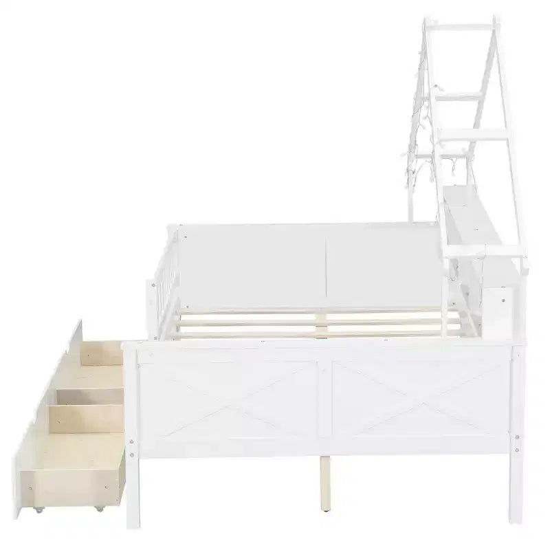 Lit plateforme pour enfant en forme de maison avec lumières LED et tiroirs de rangement