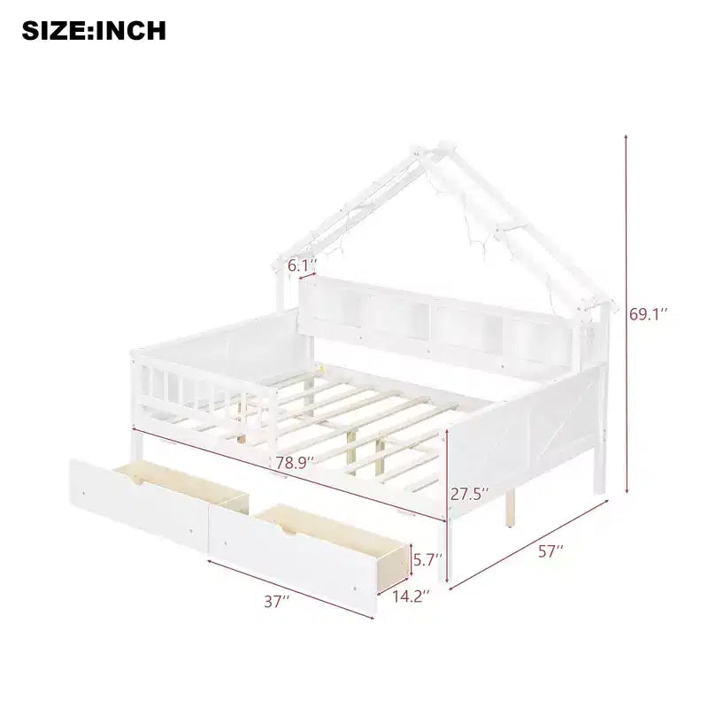 Lit plateforme pour enfant en forme de maison avec lumières LED et tiroirs de rangement