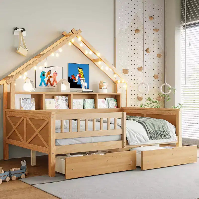Lit plateforme pour enfant en forme de maison avec lumières LED et tiroirs de rangement