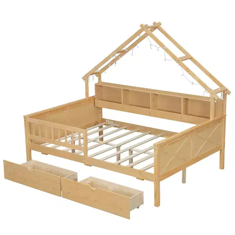 Lit plateforme pour enfant en forme de maison avec lumières LED et tiroirs de rangement