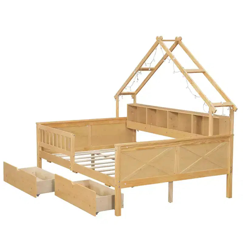Lit plateforme pour enfant en forme de maison avec lumières LED et tiroirs de rangement