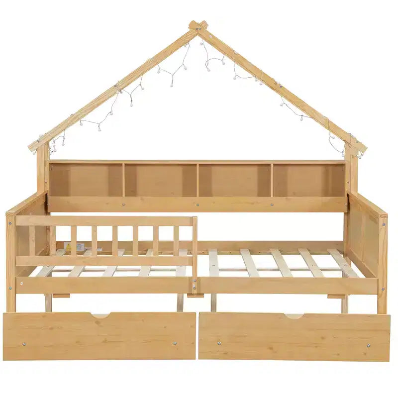 Lit plateforme pour enfant en forme de maison avec lumières LED et tiroirs de rangement