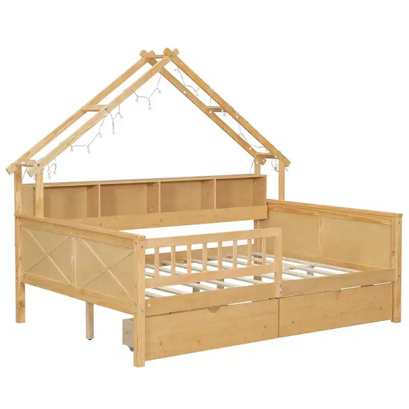 Lit plateforme pour enfant en forme de maison avec lumières LED et tiroirs de rangement