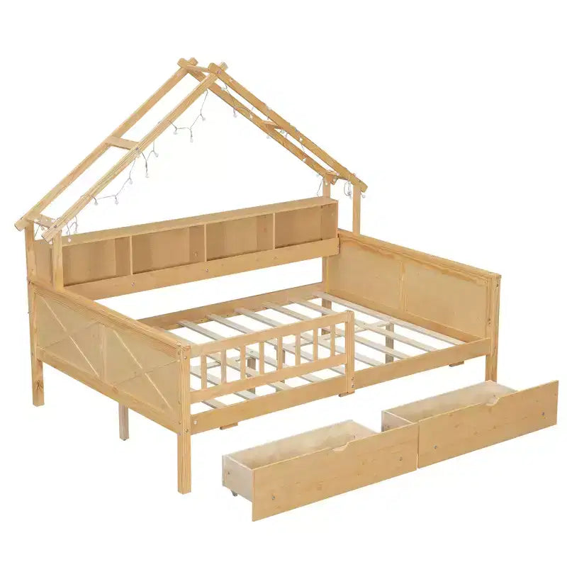 Lit plateforme pour enfant en forme de maison avec lumières LED et tiroirs de rangement