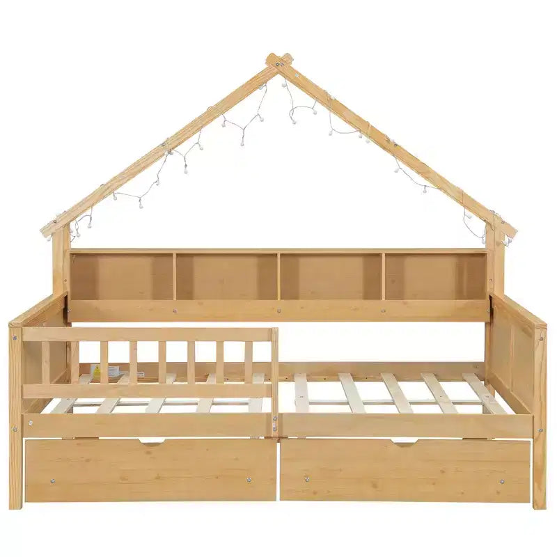 Lit plateforme pour enfant en forme de maison avec lumières LED et tiroirs de rangement